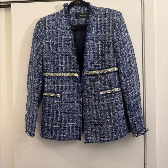 Chic Blue Tweed Women's Jacket with Pearls - Picture 2 of 4